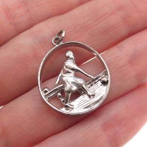 925 Sterling Silver Vintage Female Bowling Player Oxidized Charm Pendant