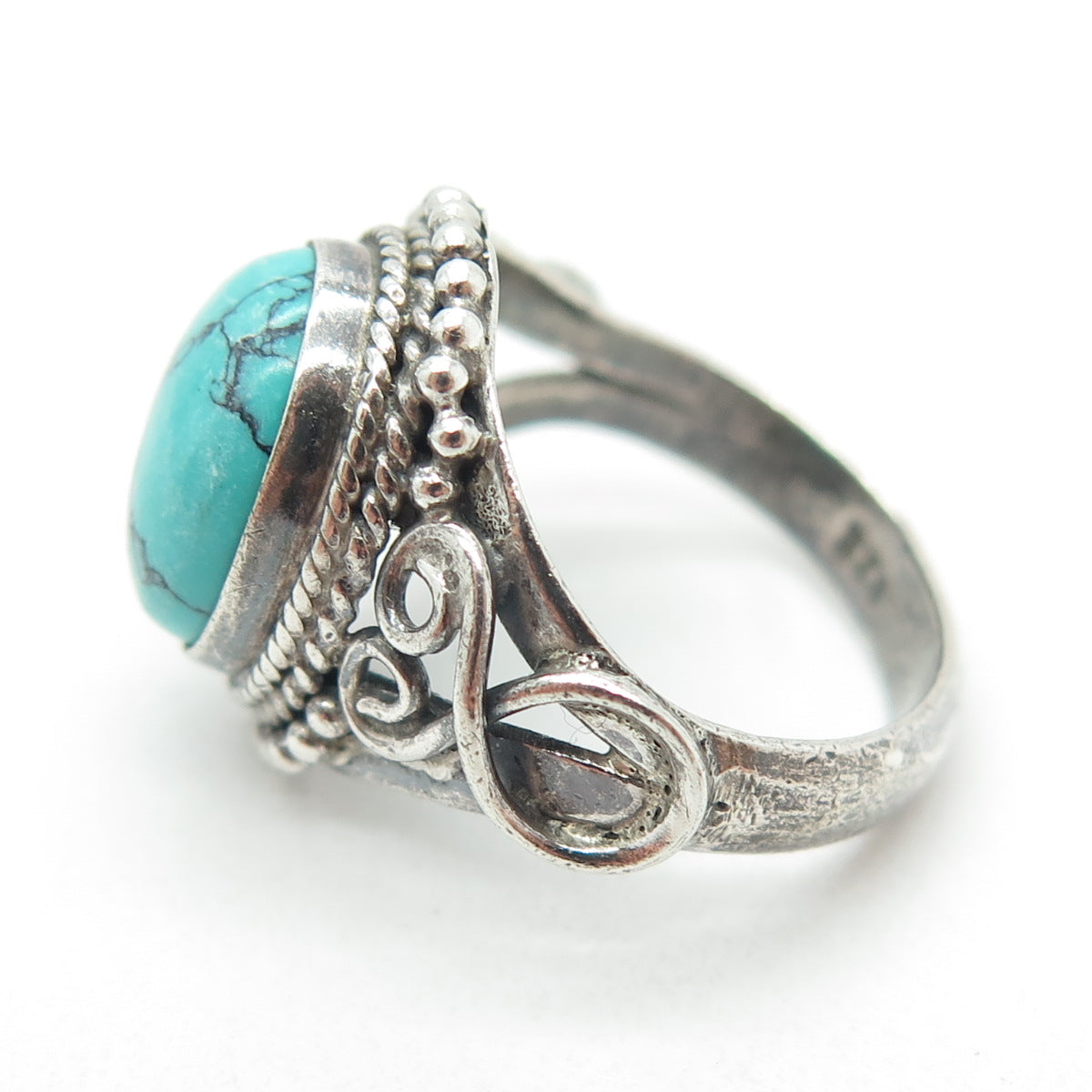 925 Sterling Silver Vintage Real Turquoise Swirl Ring Size 5.75