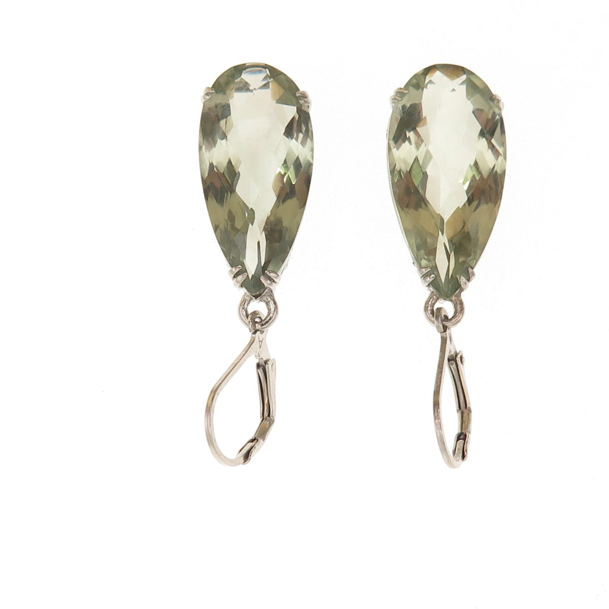 925 Sterling Silver Real Pear-Cut Green Amethyst Dangle Earrings