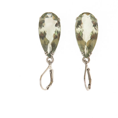 925 Sterling Silver Real Pear-Cut Green Amethyst Dangle Earrings