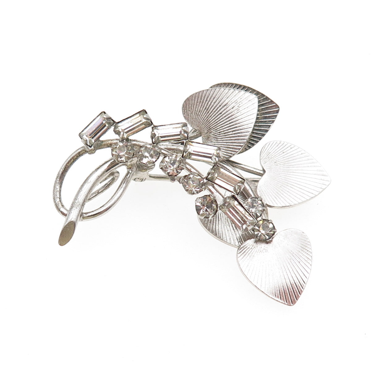 CARL ART 925 Sterling Silver Antique Art Deco Rhinestone Heart Floral Pin Brooch