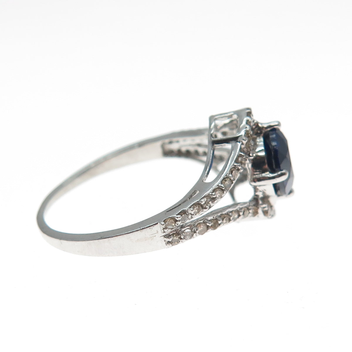 925 Sterling Silver Real Round-Cut Diamond Sapphire Hook & Eye Ring Size 7.75
