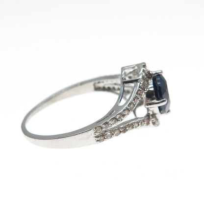 925 Sterling Silver Real Round-Cut Diamond Sapphire Hook & Eye Ring Size 7.75