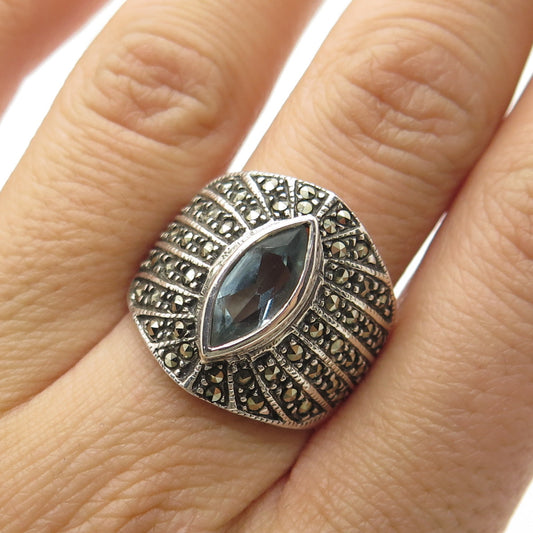 CHAPAL ZENRAY 925 Sterling Silver Vintage Blue Topaz Marcasite Gem Ring Size 8.5