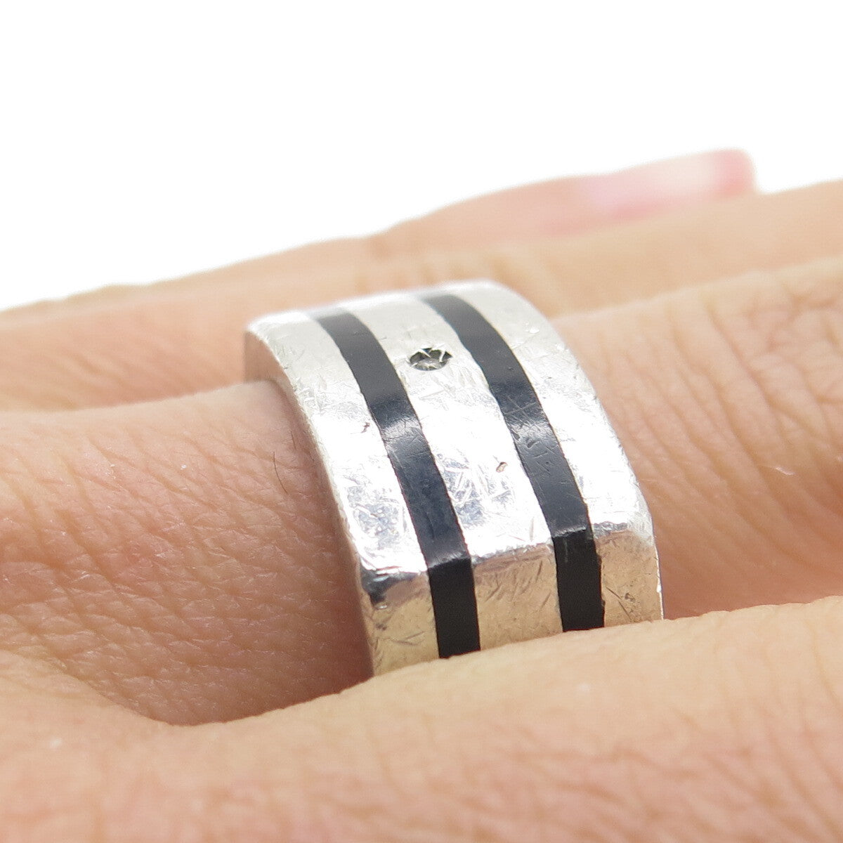 HD/N 925 Sterling Silver Vintage Real Diamond & Black Onyx Ring Size 11.25