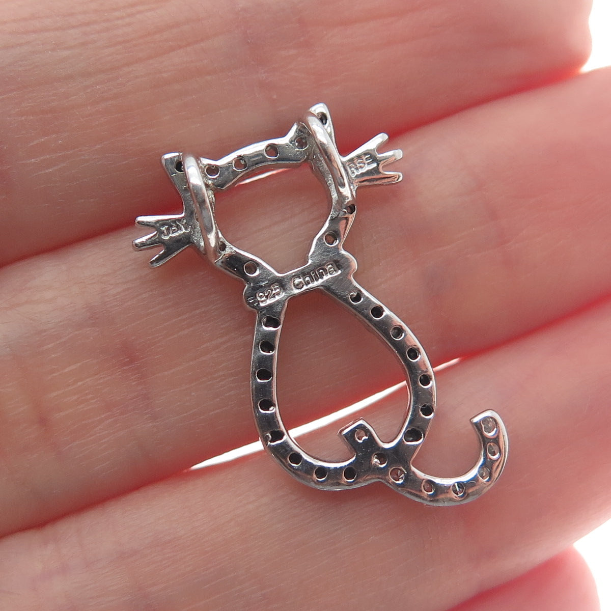 925 Sterling Silver Real Round-Cut Black Spinel C Z Cat Minimalist Slide Pendant