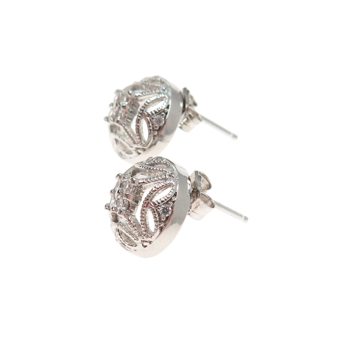 925 Sterling Silver Round-Cut C Z Ornate Stud Earrings
