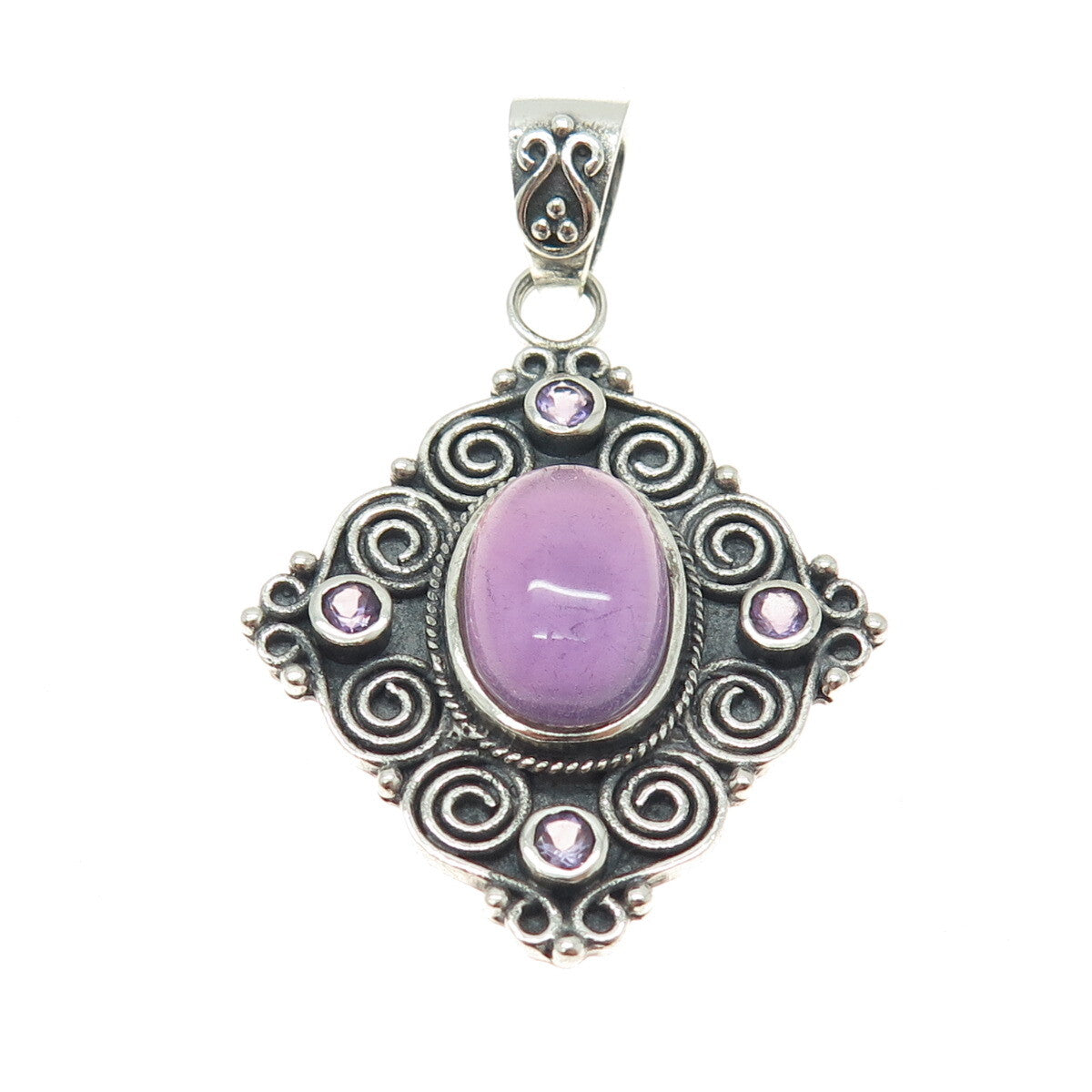 925 Sterling Silver Vintage Real Amethyst Gemstone Ethnic / Boho Pendant