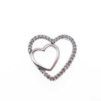 925 Sterling Silver Real Round-Cut Diamond Double Heart Mini Slide Pendant