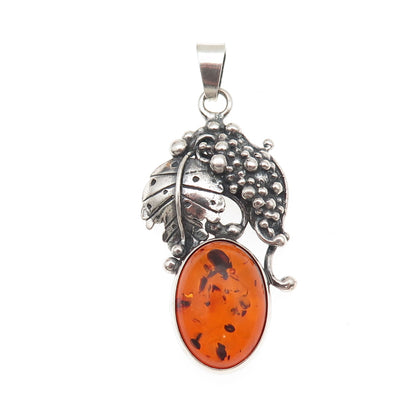 925 Sterling Silver Vintage Real Amber Grape Floral Oxidized Charm Pendant