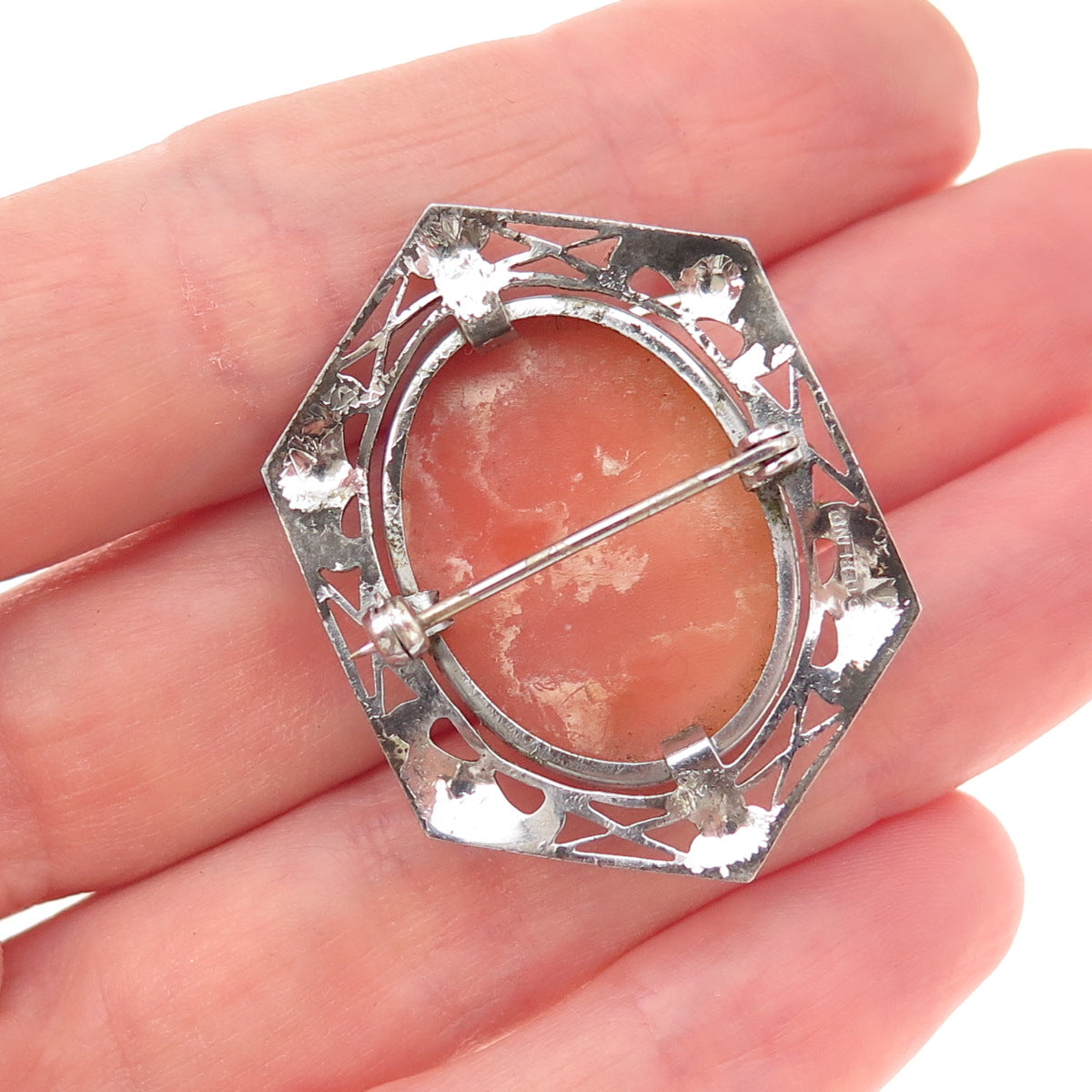 925 Sterling Silver Antique Art Deco Real MOP Carved Lady Cameo Pin Brooch