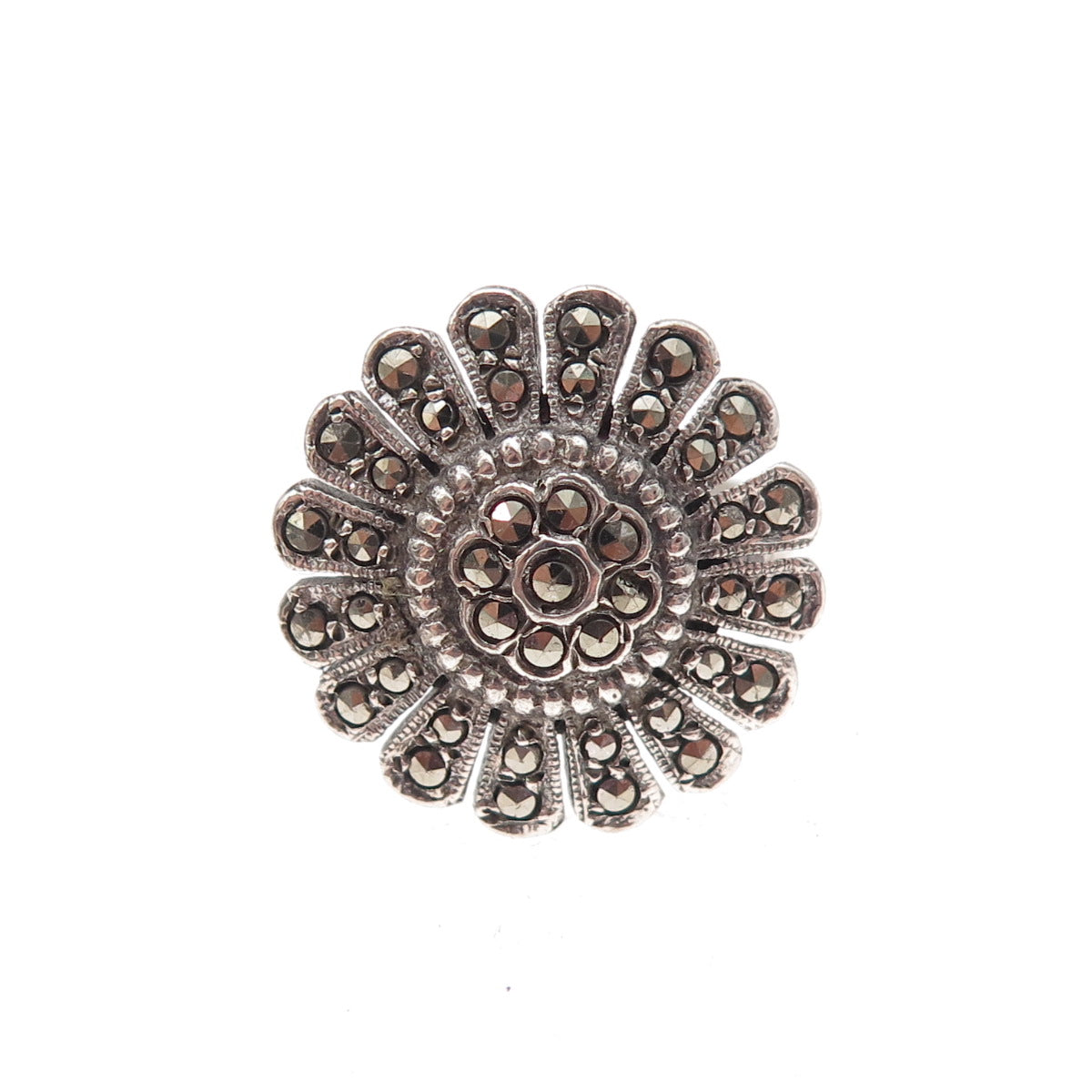 925 Sterling Silver Antique Art Deco Real Marcasite Floral Ring Size 3.25