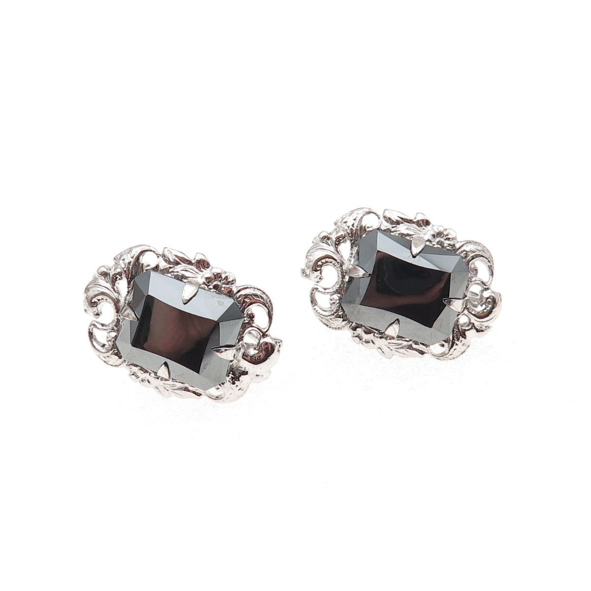 Dixelle 925 Sterling Silver Vintage Real Hematite Floral Screw Back Earrings