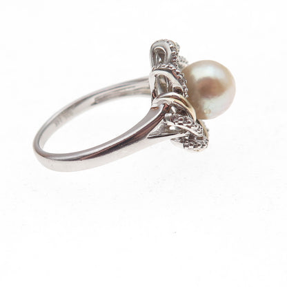 Richline 925 Sterling Silver 14K Gold Real Diamond & Pearl Floral Ring Size 7