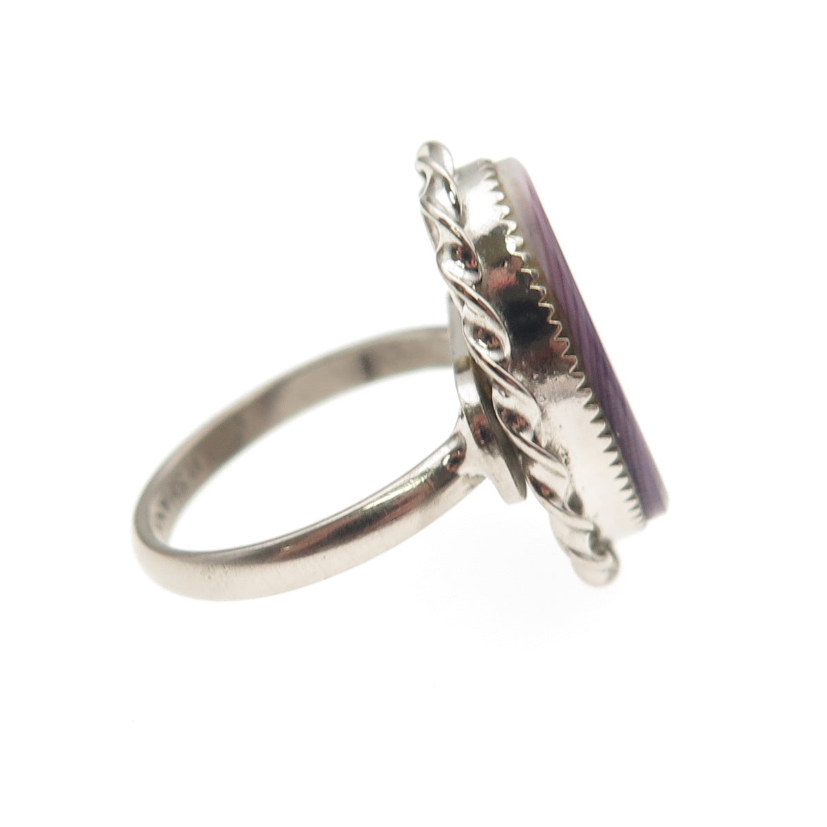 925 Sterling Silver Shank Vintage Real Lavender MOP Twisted Bezel Ring Size 6