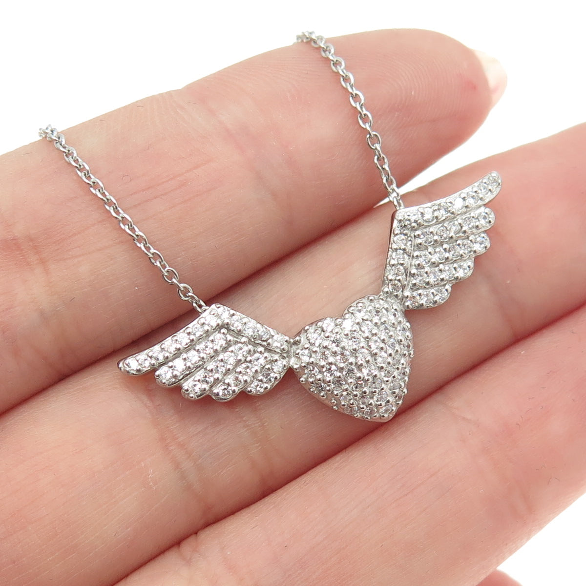 925 Sterling Silver Pave C Z Heart w/Wings Rolo Chain Necklace 18"