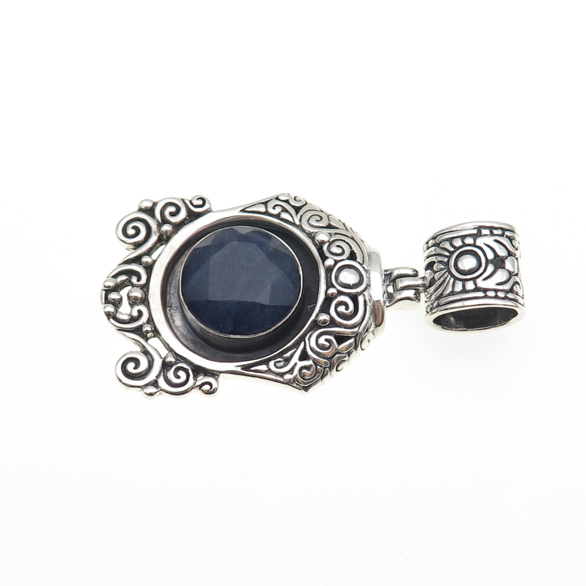925 Sterling Silver Vintage Real Sodalite Ornate Oxidized Pendant