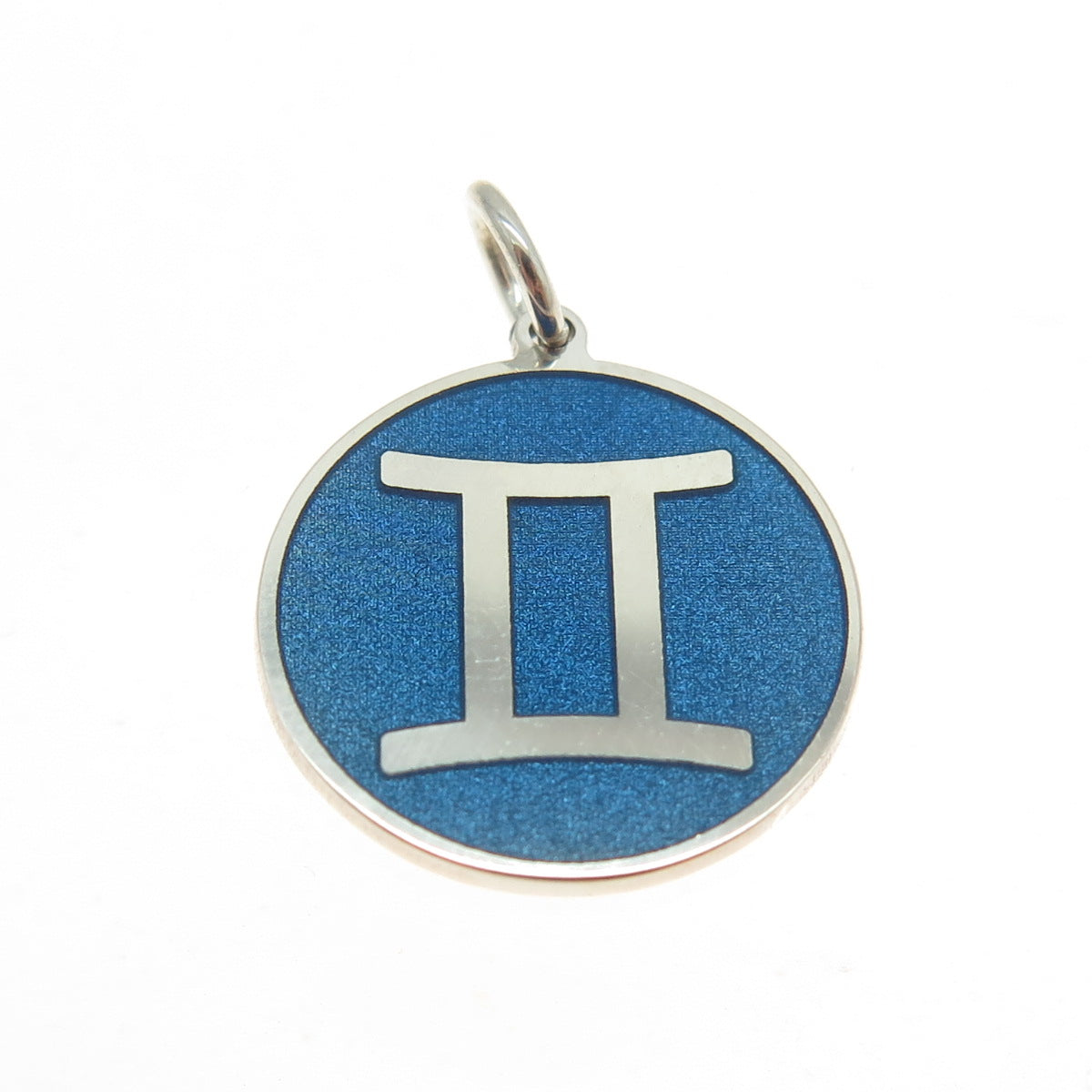 925 Sterling Silver Blue Enamel Gemini Zodiac Round Tag Minimalist Charm Pendant