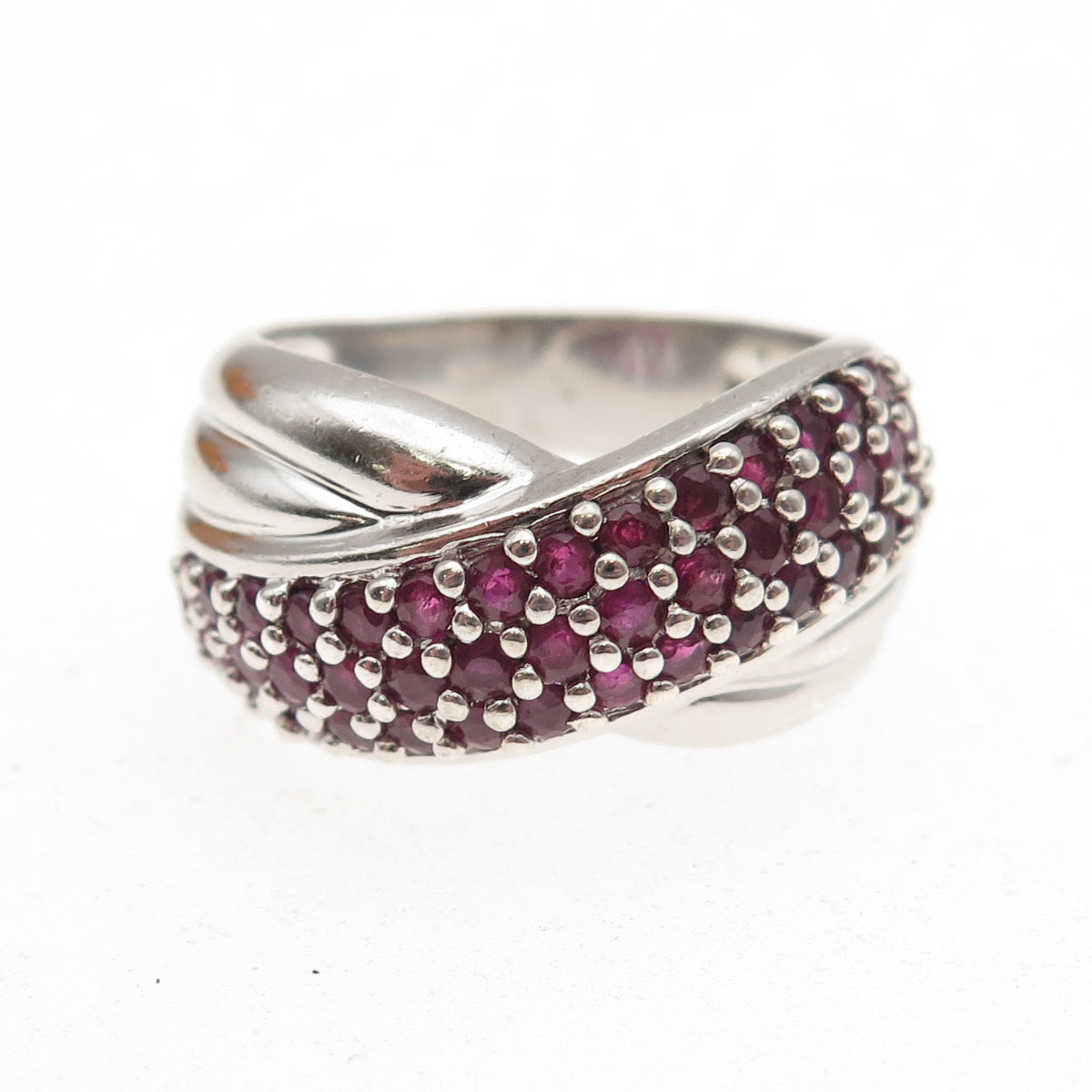 CNA Pranda 925 Sterling Silver Real Round-Cut Ruby Crisscross Ring Size 8
