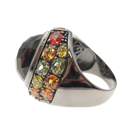Sheridan Kennedy Sterling Black Rhodium Smoky Quartz & Sapphire Ring Size 10.25