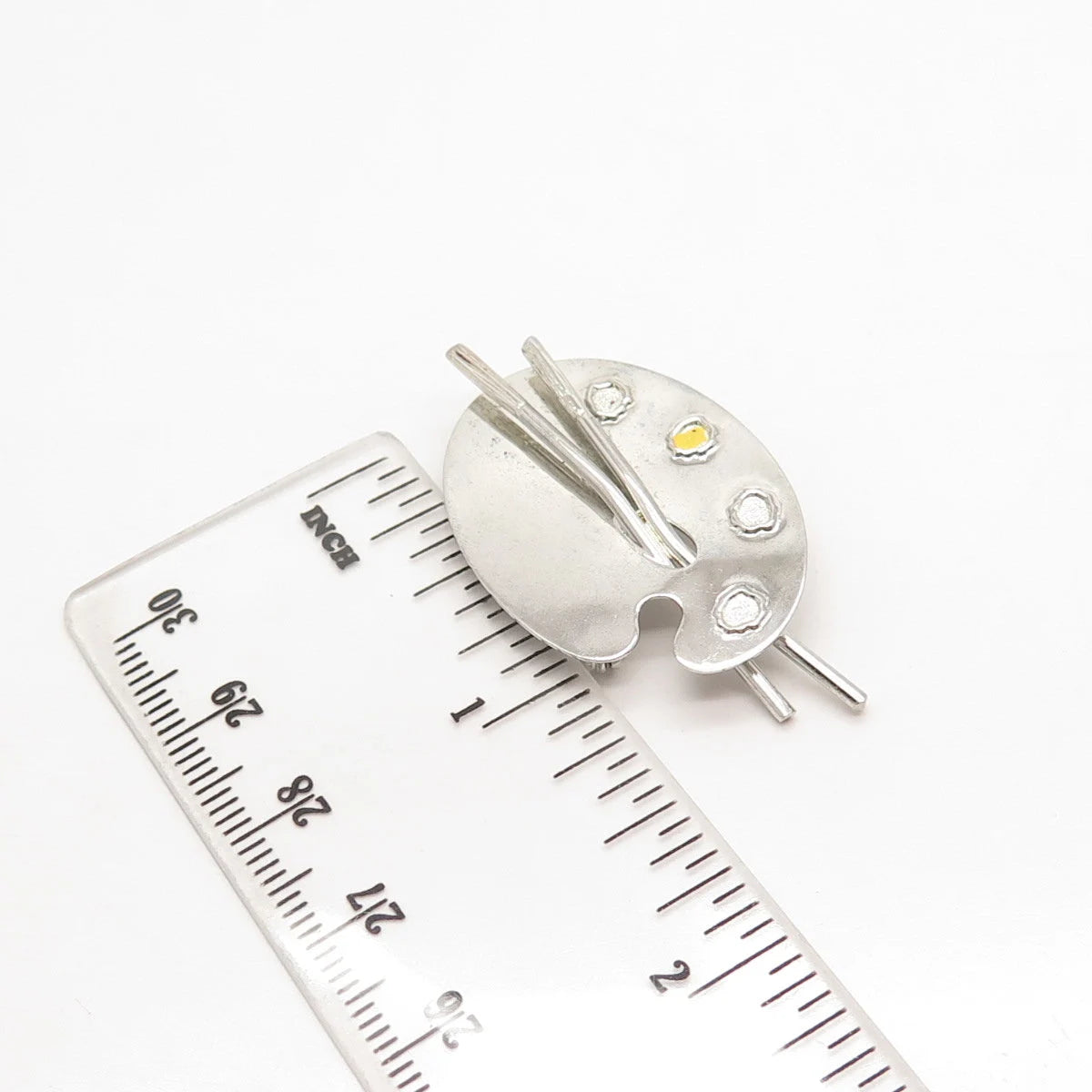 925 Sterling Silver Vintage BEAU Yellow Enamel Artist Palette & Brushes Brooch