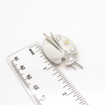 925 Sterling Silver Vintage BEAU Yellow Enamel Artist Palette & Brushes Brooch