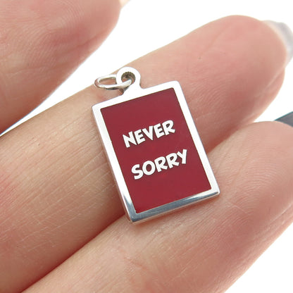 925 Sterling Silver Red Enamel "Never Sorry" Minimalist Charm Pendant