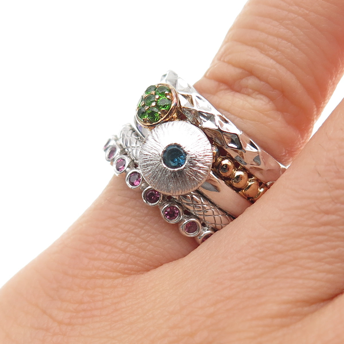 MICHELLE ALBALA Sterling 2-Tone Real Amethyst Peridot Tourmaline Ring Size 5.25