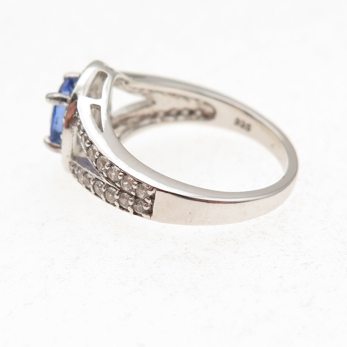 925 Sterling Silver Real Oval-Cut Tanzanite & Round-Cut White Topaz Ring Size 8