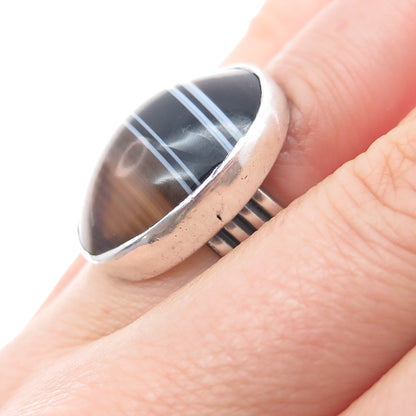 925 Sterling Silver Vintage Real Cabochon Agate Modernist Ring Size 5.75