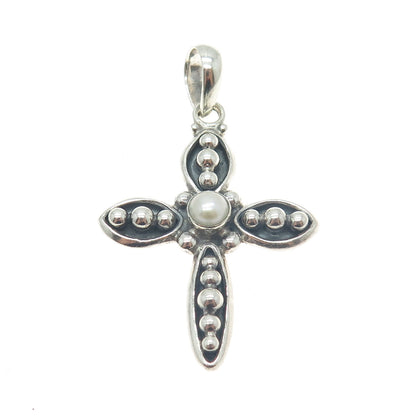 SILPADA 925 Sterling Silver Vintage Real Pearl Beaded Cross Oxidized Pendant