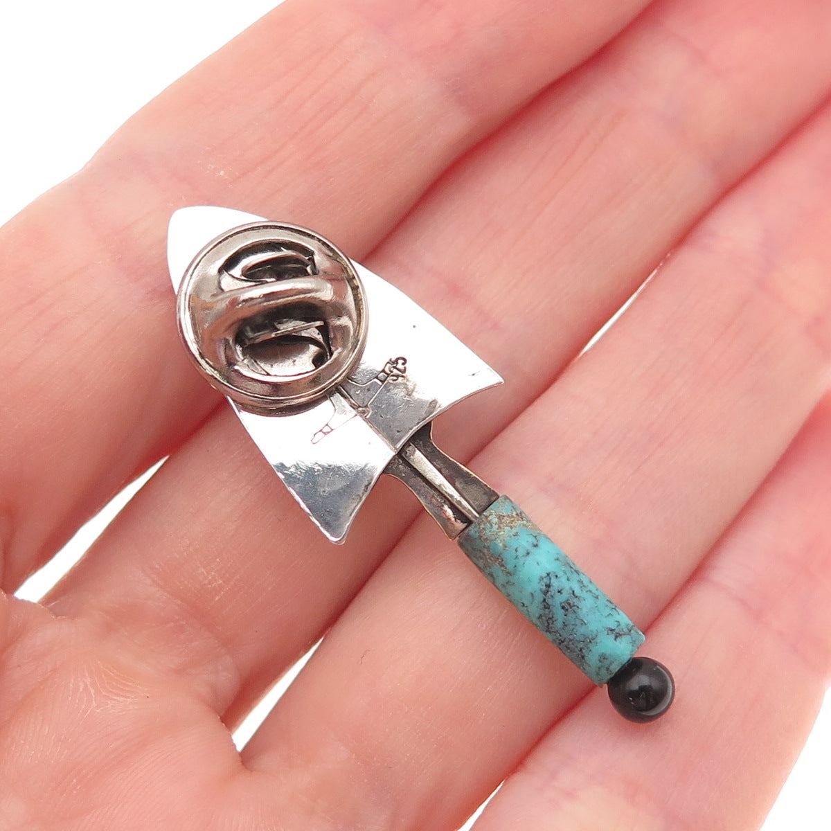 Nicholas Allen 925 Sterling 2-Tone Vintage Turquoise & Onyx Trowel Tie Tack Pin