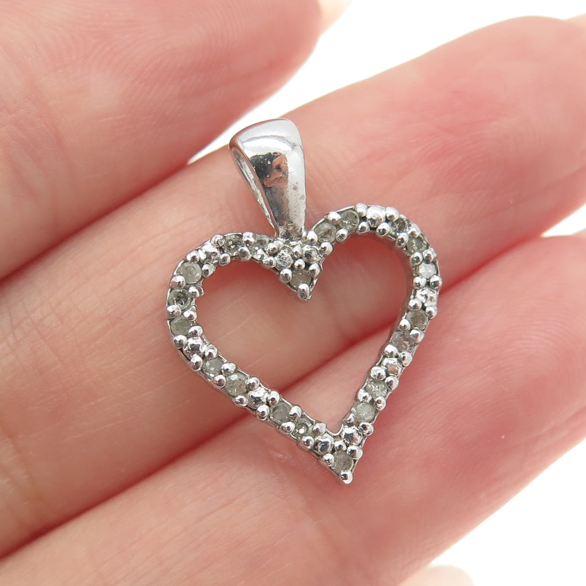 925 Sterling Silver Real Round-Cut Diamond Open Heart Pendant