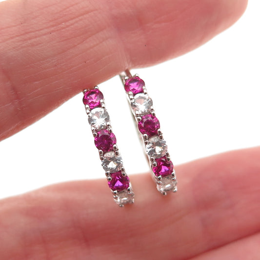 925 Sterling Silver Real Round-Cut White Topaz & Lab-Created Ruby Hoop Earrings