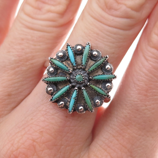 Old Pawn 925 Sterling Silver Vintage Turquoise Needlepoint Floral Ring Size 7.75