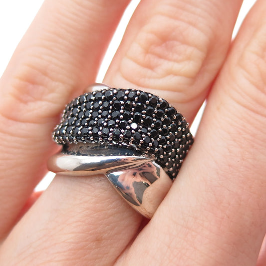 925 Sterling Silver Real Round-Cut Black Spinel Crisscross Ring Size 5