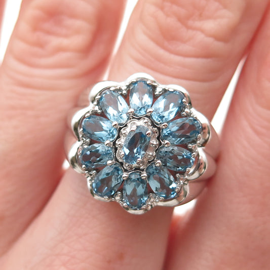 HENG NGAI 925 Sterling Silver Real Oval-Cut Blue Topaz Ring Size 8.5