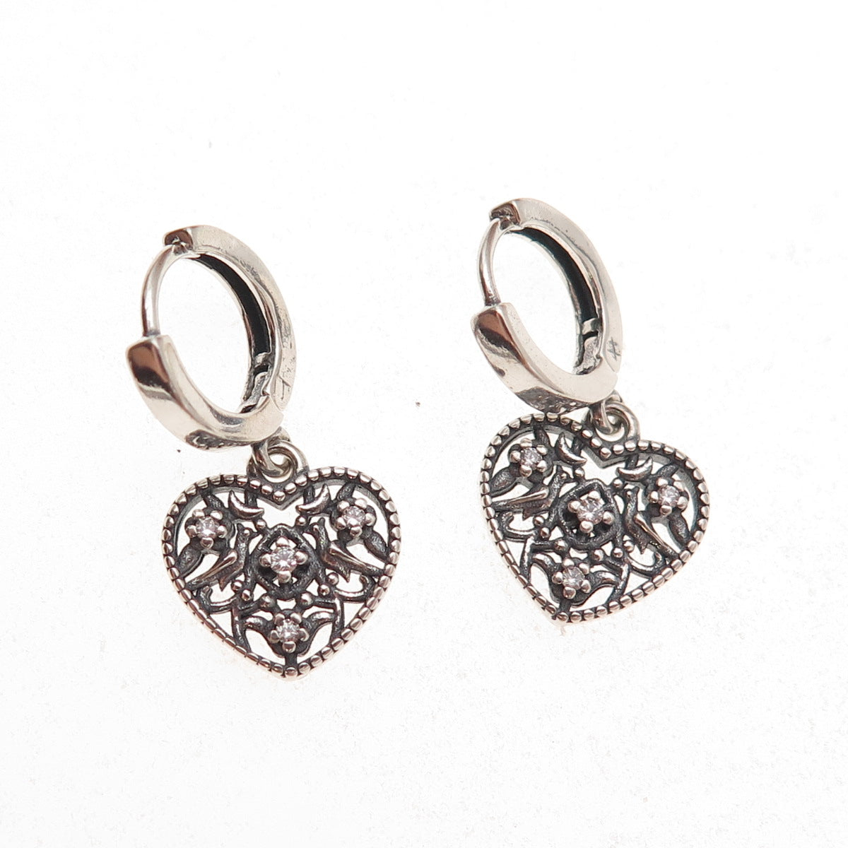 925 Sterling Silver Vintage C Z Heart Oxidized Dangle Earrings