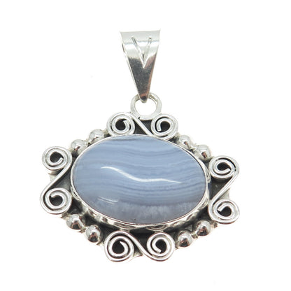 925 Sterling Silver Vintage CII Mexico Real Blue Lace Agate Spiral Pendant