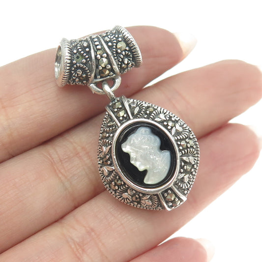 925 Sterling Silver Vintage MOP Black Onyx & Marcasite Gem Cameo Pendant