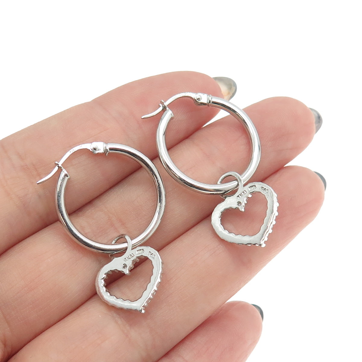 925 Sterling Silver Real White Diamond Accent Heart Dangle Hinged Hoop Earrings