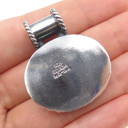 925 Sterling Silver Vintage Mexico Real Malachite Oxidized Slide Pendant