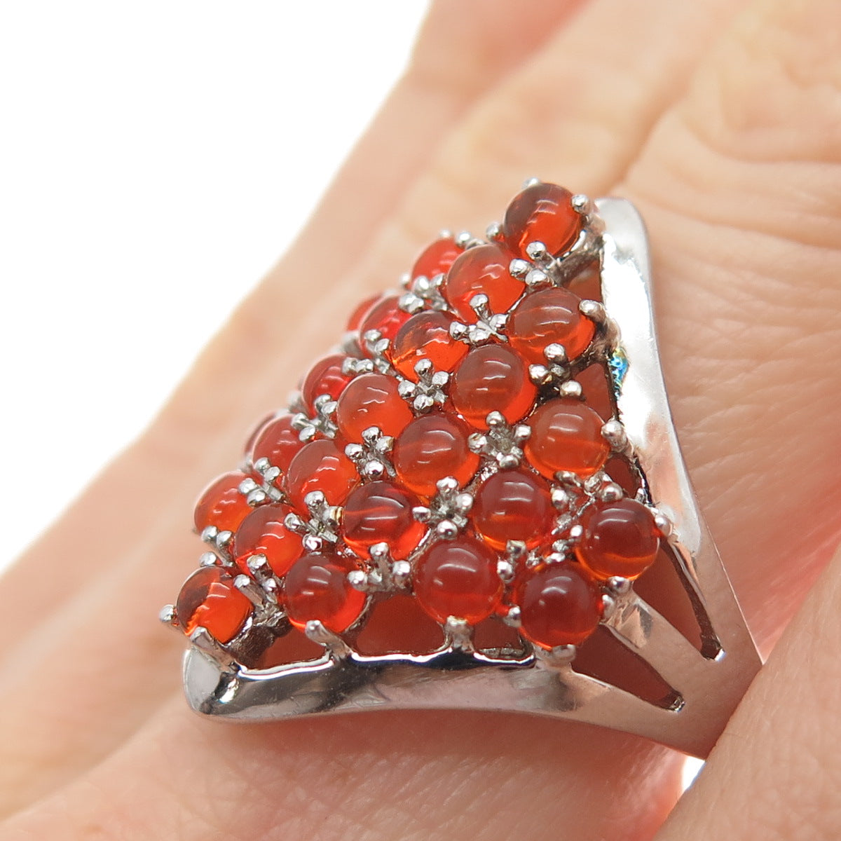 925 Sterling Silver Real Cabochon Fire Opal Cluster Ring Size 6.25