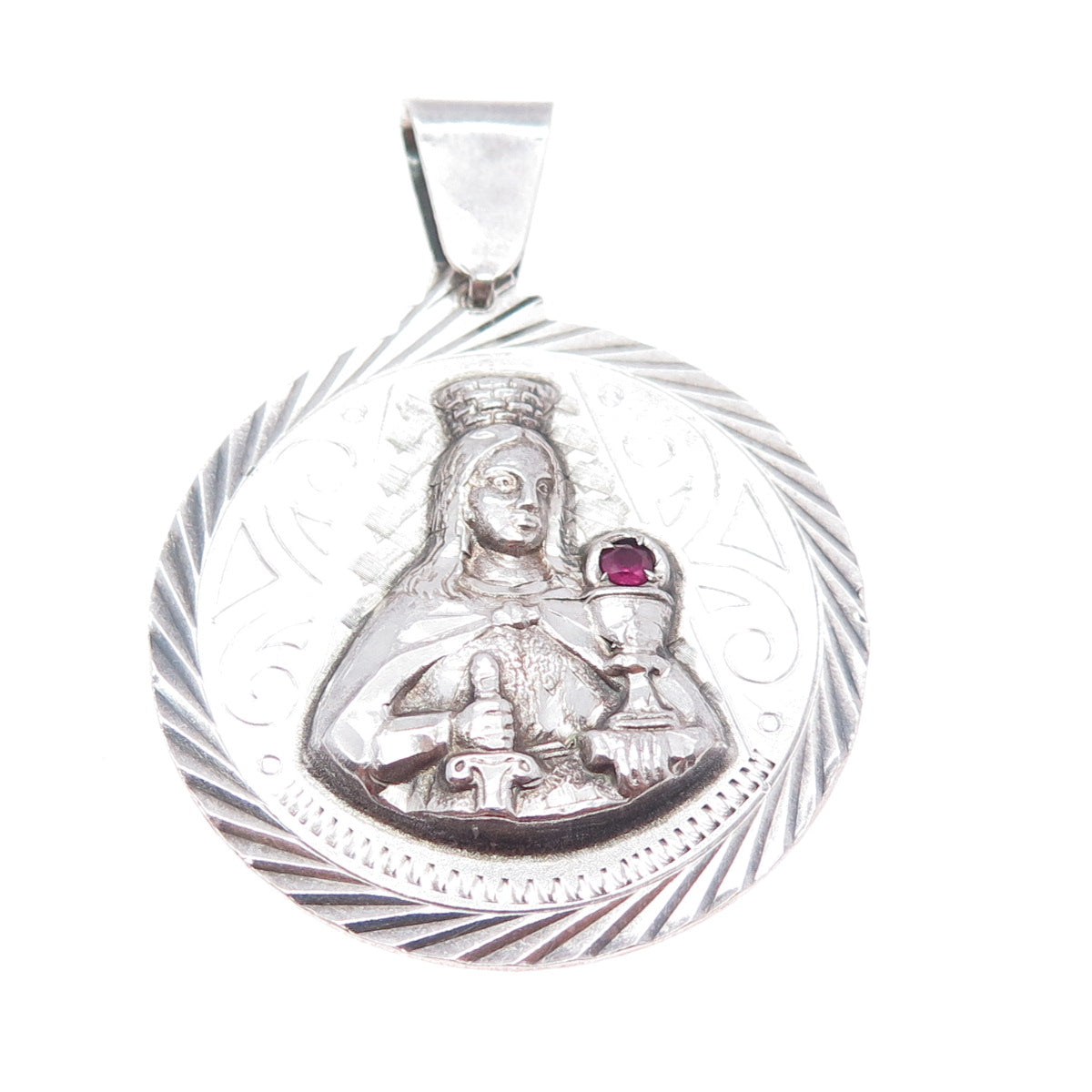 925 Sterling Silver Vintage Real Ruby St. Barbara Religious Oxidized Pendant