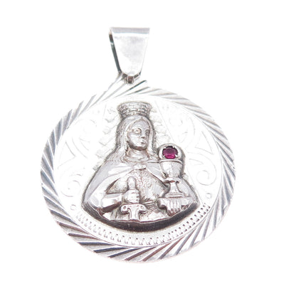 925 Sterling Silver Vintage Real Ruby St. Barbara Religious Oxidized Pendant