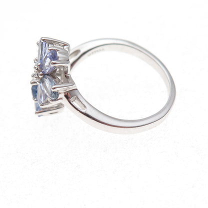 925 Sterling Silver Real Diamond & Tanzanite Floral Ring Size 8