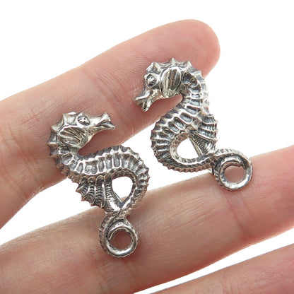 BEAU 925 Sterling Silver Antique Art Deco Seahorse Oxidized Screw Back Earrings