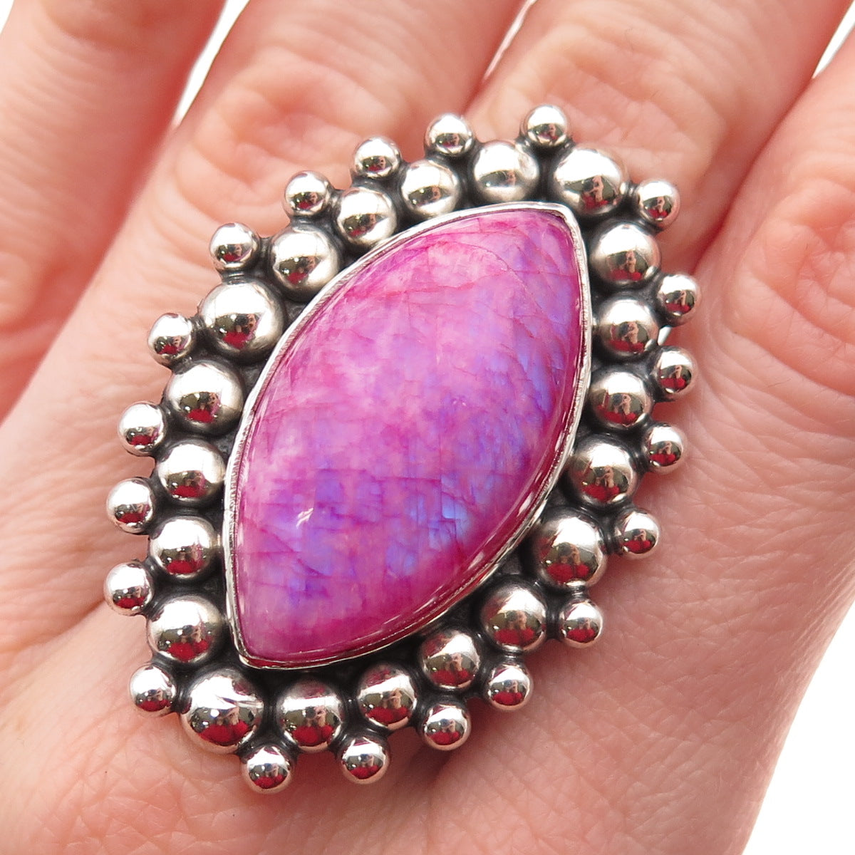 925 Sterling Vintage Pink Rainbow Moonstone Adjustable Statement Ring Size 6