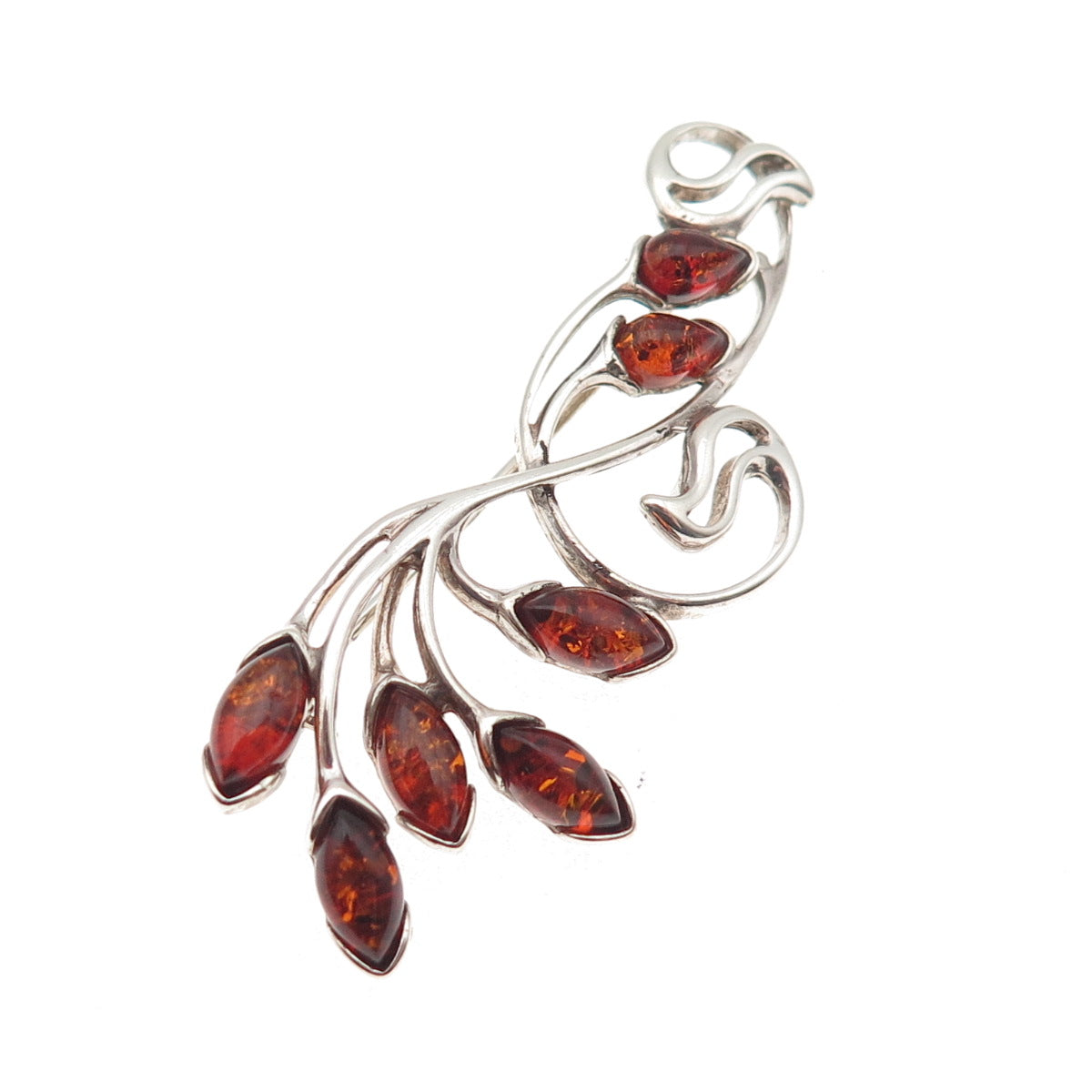 925 Sterling Silver Vintage Real Amber Modernist Floral Oxidized Pin Brooch
