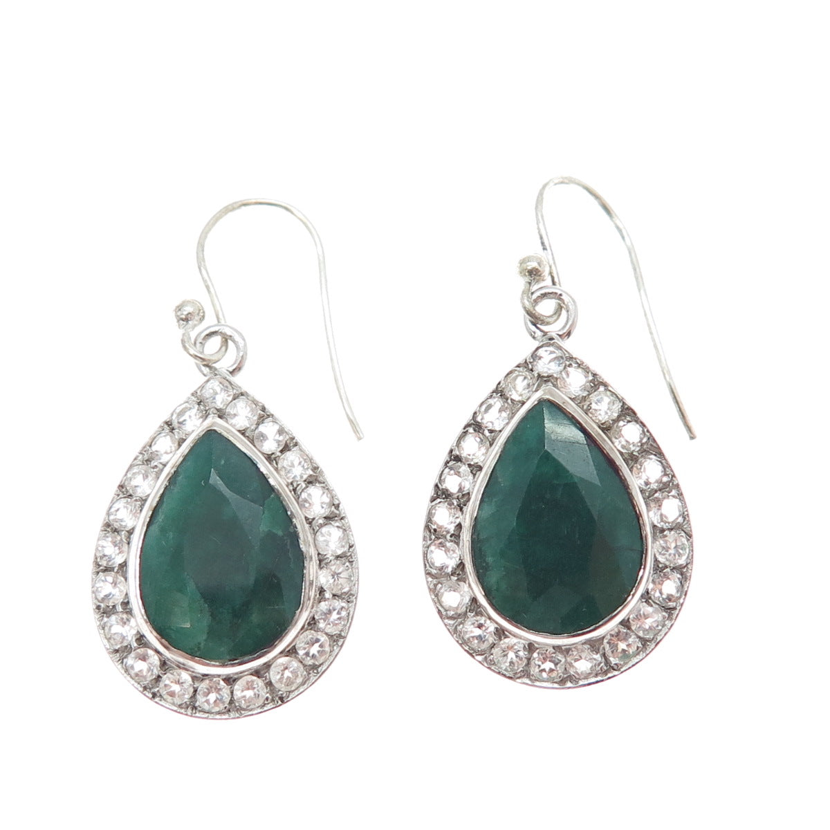 925 Sterling Silver Real Pear-Cut Emerald Round-Cut White Topaz Dangle Earrings